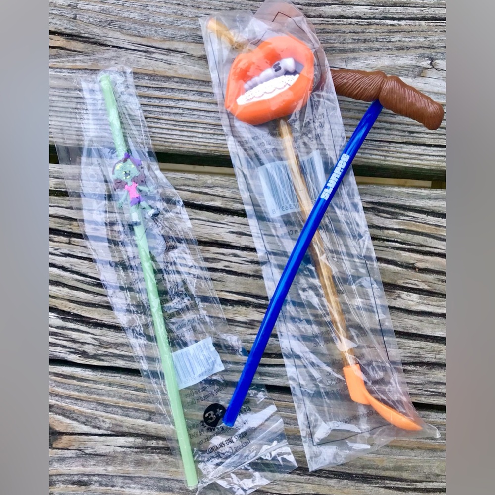 Lot 7 11 SLURPEE Novelty Icee Beverage Straws Teeth Bling Mustache Man Halloween